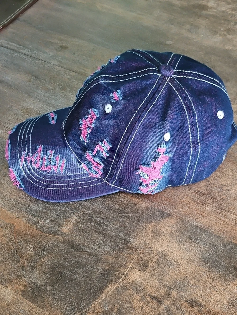 NWT Denim Distressed Baseball Cap With Hot Pink Green Accents